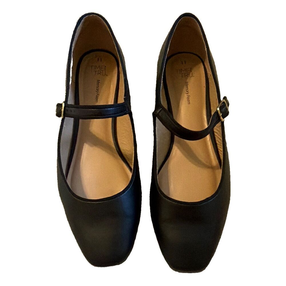 Time and Tru Women's Black Mary Jane Flats Memory Foam Buckle Strap Sz 11